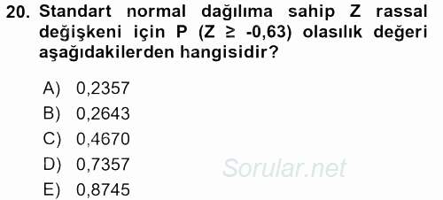 İstatistik 1 2017 - 2018 3 Ders Sınavı 20.Soru