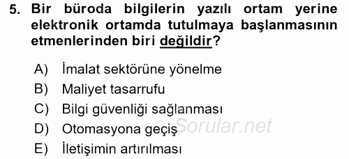 Büro Teknolojileri 2017 - 2018 Ara Sınavı 5.Soru