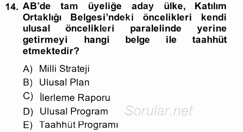 Avrupa Birliği 2014 - 2015 Tek Ders Sınavı 14.Soru