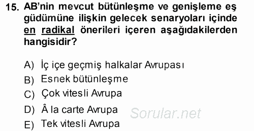 Avrupa Birliği 2014 - 2015 Tek Ders Sınavı 15.Soru