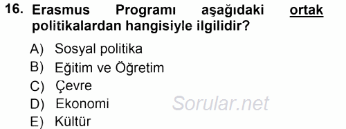 Avrupa Birliği 2014 - 2015 Tek Ders Sınavı 16.Soru
