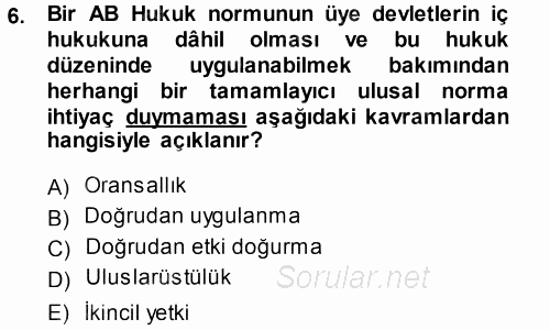 Avrupa Birliği 2014 - 2015 Tek Ders Sınavı 6.Soru