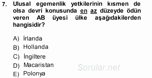 Avrupa Birliği 2014 - 2015 Tek Ders Sınavı 7.Soru