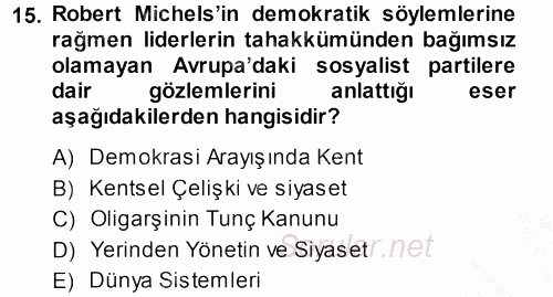 Kent Sosyolojisi 2014 - 2015 Ara Sınavı 15.Soru