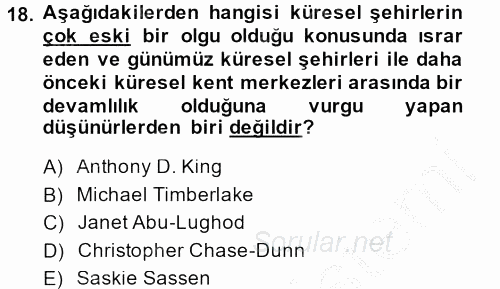 Kent Sosyolojisi 2014 - 2015 Ara Sınavı 18.Soru