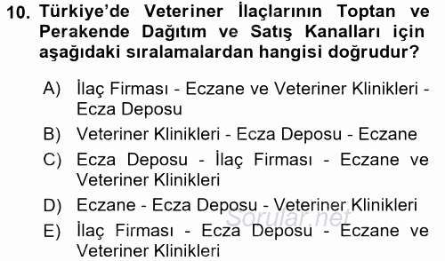 Temel Veteriner Farmakoloji ve Toksikoloji 2015 - 2016 Dönem Sonu Sınavı 10.Soru