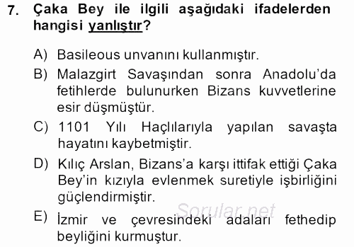 Türkiye Selçuklu Tarihi 2013 - 2014 Ara Sınavı 7.Soru
