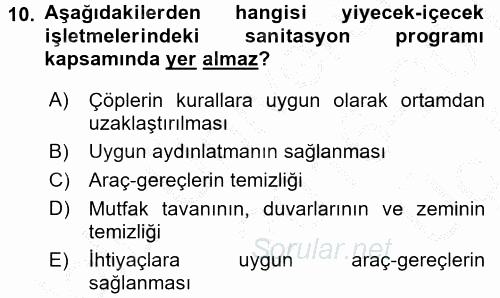 Yiyecek-İçecek Hizmetleri 2016 - 2017 3 Ders Sınavı 10.Soru