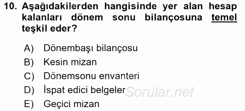 Genel Muhasebe 2015 - 2016 Tek Ders Sınavı 10.Soru