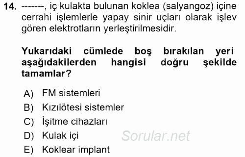 Bakıma Gereksinimi Olan Engelli Bireyler 1 2017 - 2018 Ara Sınavı 14.Soru