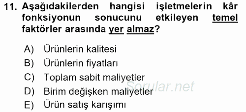 Maliyet Yönetimi 2017 - 2018 Ara Sınavı 11.Soru