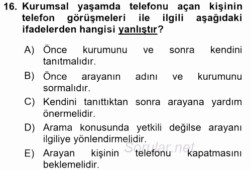Sosyal Davranış ve Protokol 2016 - 2017 3 Ders Sınavı 16.Soru