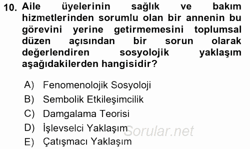 Aile Sosyolojisi 2016 - 2017 3 Ders Sınavı 10.Soru