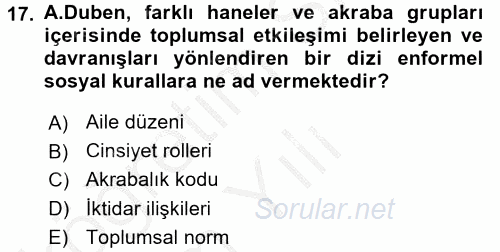 Aile Sosyolojisi 2016 - 2017 3 Ders Sınavı 17.Soru