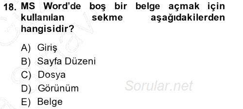 Temel Bilgi Teknolojileri 1 2014 - 2015 Ara Sınavı 18.Soru