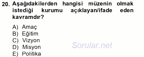 Müzecilik ve Sergileme 2014 - 2015 Dönem Sonu Sınavı 20.Soru