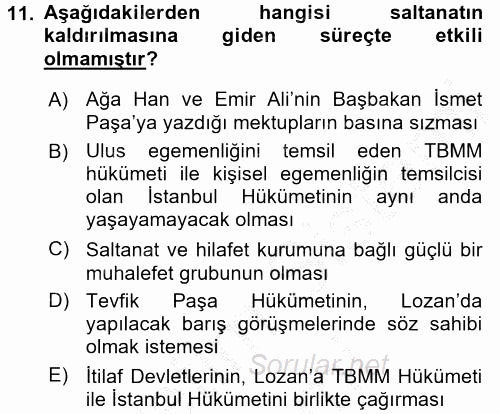 Türkiye´de Demokrasi Ve Parlemento Tarihi 2016 - 2017 Ara Sınavı 11.Soru