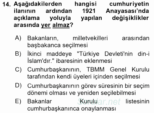 Türkiye´de Demokrasi Ve Parlemento Tarihi 2016 - 2017 Ara Sınavı 14.Soru