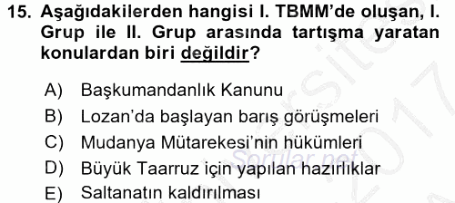 Türkiye´de Demokrasi Ve Parlemento Tarihi 2016 - 2017 Ara Sınavı 15.Soru