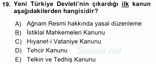 Türkiye´de Demokrasi Ve Parlemento Tarihi 2016 - 2017 Ara Sınavı 19.Soru