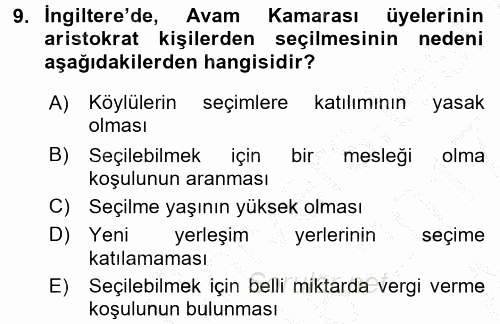 Türkiye´de Demokrasi Ve Parlemento Tarihi 2016 - 2017 Ara Sınavı 9.Soru