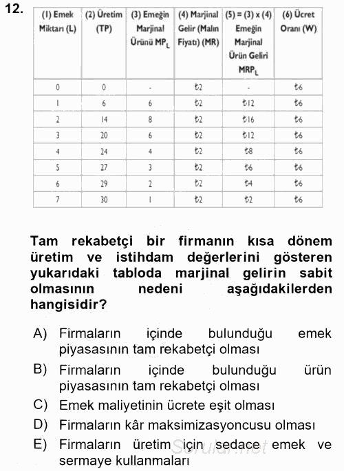 Çalışma Ekonomisi 2016 - 2017 Ara Sınavı 12.Soru