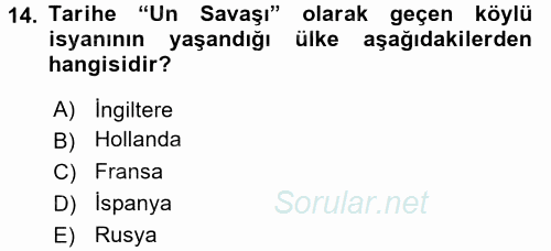 Orta Çağ-Yeni Çağ Avrupa Tarihi 2016 - 2017 Dönem Sonu Sınavı 14.Soru