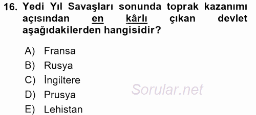 Orta Çağ-Yeni Çağ Avrupa Tarihi 2016 - 2017 Dönem Sonu Sınavı 16.Soru