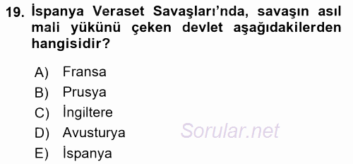 Orta Çağ-Yeni Çağ Avrupa Tarihi 2016 - 2017 Dönem Sonu Sınavı 19.Soru