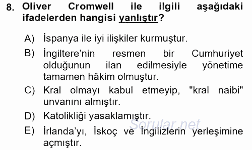 Orta Çağ-Yeni Çağ Avrupa Tarihi 2016 - 2017 Dönem Sonu Sınavı 8.Soru