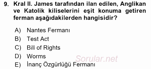 Orta Çağ-Yeni Çağ Avrupa Tarihi 2016 - 2017 Dönem Sonu Sınavı 9.Soru