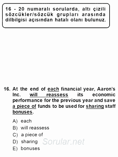 Bağlamsal Dilbilgisi 3 2014 - 2015 Dönem Sonu Sınavı 16.Soru