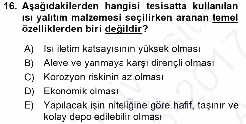 Isıtma Havalandırma ve Klima Sistemlerinde Enerji Ekonomisi 2016 - 2017 Ara Sınavı 16.Soru