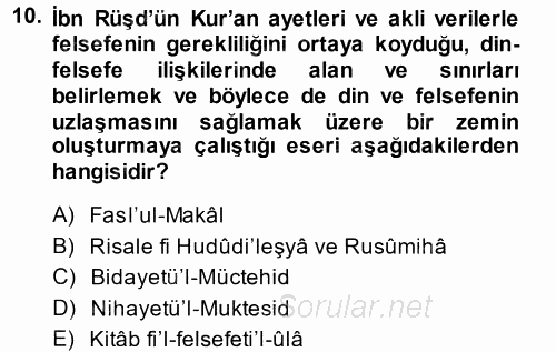 İslam Düşünce Tarihi 2014 - 2015 Tek Ders Sınavı 10.Soru