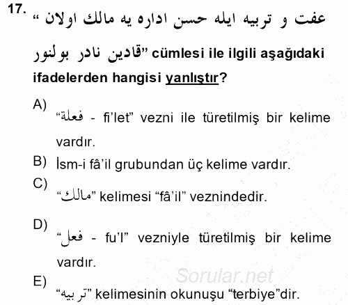 Osmanlı Türkçesi Grameri 1 2014 - 2015 Ara Sınavı 17.Soru
