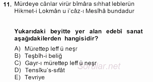 Eski Türk Edebiyatına Giriş: Söz Sanatları 2013 - 2014 Ara Sınavı 11.Soru