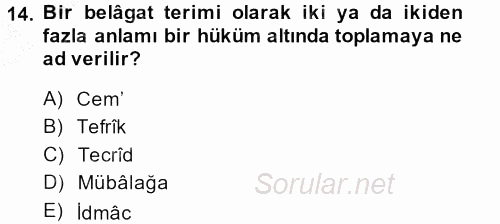 Eski Türk Edebiyatına Giriş: Söz Sanatları 2013 - 2014 Ara Sınavı 14.Soru