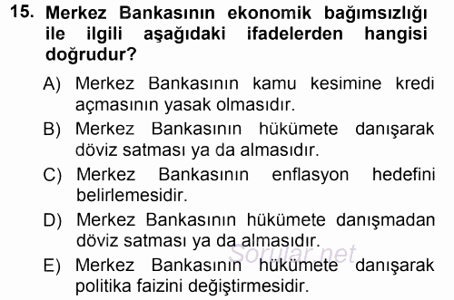 Para ve Banka 2013 - 2014 Tek Ders Sınavı 15.Soru