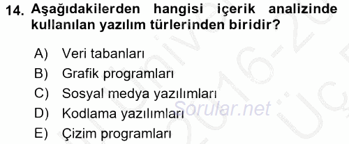 İletişim Araştırmaları 2016 - 2017 3 Ders Sınavı 14.Soru
