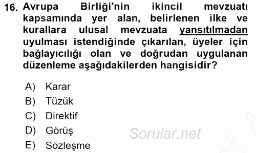 İş Sağlığı ve Güvenliği 2015 - 2016 Dönem Sonu Sınavı 16.Soru