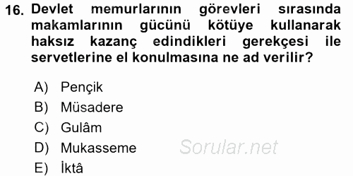 Büyük Selçuklu Tarihi 2016 - 2017 Ara Sınavı 16.Soru