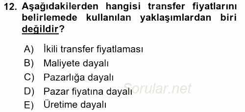 Maliyet Yönetimi 2016 - 2017 3 Ders Sınavı 12.Soru