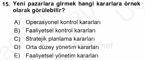 Maliyet Yönetimi 2016 - 2017 3 Ders Sınavı 15.Soru