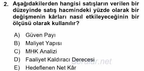 Maliyet Yönetimi 2016 - 2017 3 Ders Sınavı 2.Soru