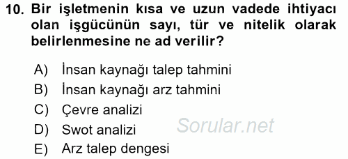 İnsan Kaynakları Yönetimi 2015 - 2016 Ara Sınavı 10.Soru