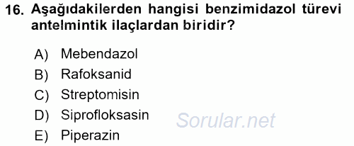 Temel Veteriner Farmakoloji ve Toksikoloji 2017 - 2018 Ara Sınavı 16.Soru