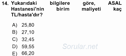 Sağlık Kurumlarında Maliyet Yönetimi 2017 - 2018 Ara Sınavı 14.Soru