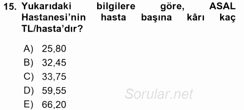 Sağlık Kurumlarında Maliyet Yönetimi 2017 - 2018 Ara Sınavı 15.Soru