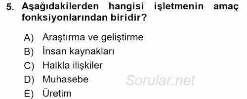 Sağlık Kurumlarında Maliyet Yönetimi 2017 - 2018 Ara Sınavı 5.Soru