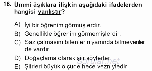 Türk Halk Şiiri 2013 - 2014 Dönem Sonu Sınavı 18.Soru